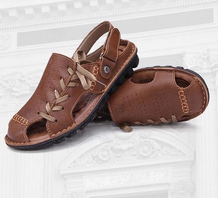 Komfortable Handgefertigte Ledersandalen Sommer Braune Flachplattform Sandalen