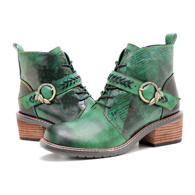 Retro Casual Style Damenleder Stiefel niedrige Ferse runden Zeh