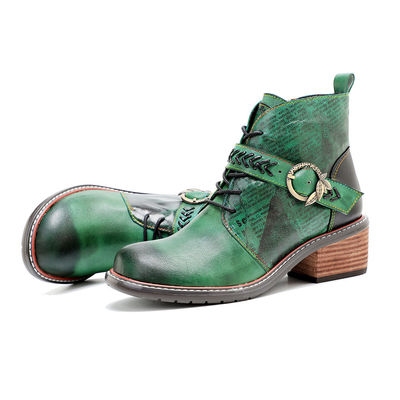 Retro Casual Style Damenleder Stiefel niedrige Ferse runden Zeh