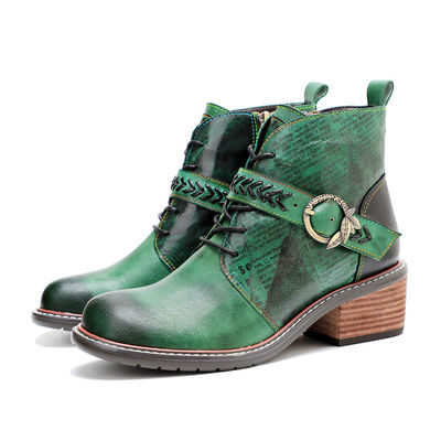 Retro Casual Style Damenleder Stiefel niedrige Ferse runden Zeh