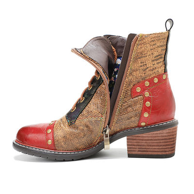 Braune Damenleder Stiefel Niedrige Absätze Damen Schnürsenkel