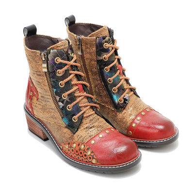 Braune Damenleder Stiefel Niedrige Absätze Damen Schnürsenkel