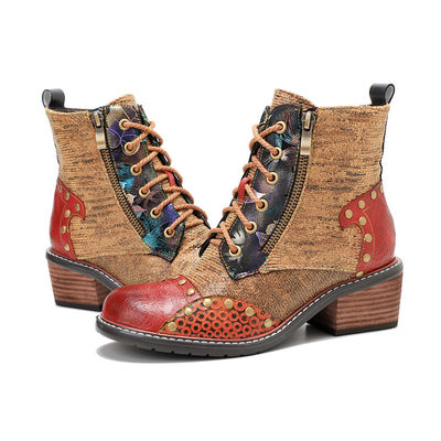 Braune Damenleder Stiefel Niedrige Absätze Damen Schnürsenkel