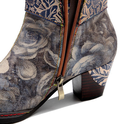 Echtes Leder Blumen Cowgirl Stiefel Frauen Quadratzehe Knöchel Stiefel