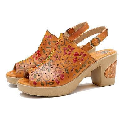 Bohemian Fashion Frauen Sandalen Orange Leder Block Fersen Sandalen