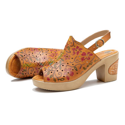 Bohemian Fashion Frauen Sandalen Orange Leder Block Fersen Sandalen