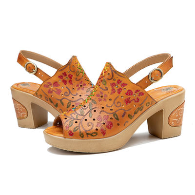 Bohemian Fashion Frauen Sandalen Orange Leder Block Fersen Sandalen