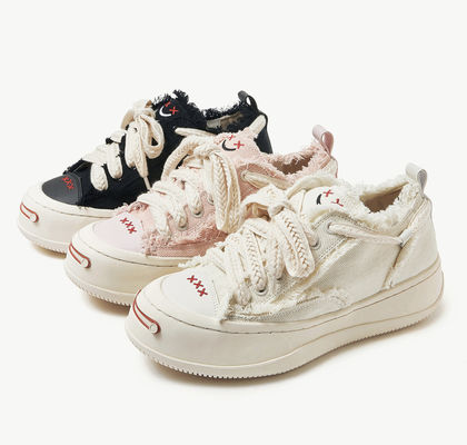 Weiß/Schwarz Atemtrainer Damen Leinwand Sneakers Runder Zeh