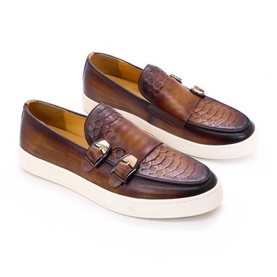 Männer mit niedrigen Absätzen, runde Zehen, Slip auf Turnschuhen, Krokodil Textur, Leder, Pferdebein Loafers