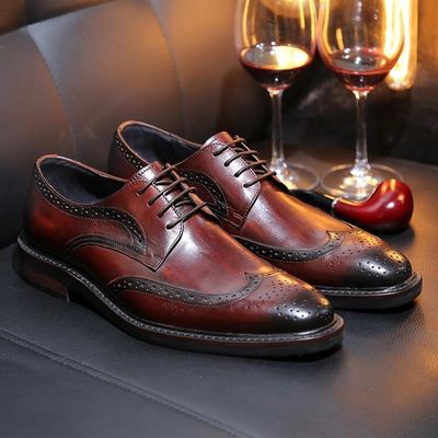 Derby-Stil Männer Braun Spitzen Schuhe Flach Männer Gewebtes Leder Slip On Schuhe