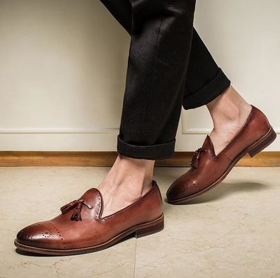 Sommer Braun Herren Leder Loafers Schuhe Schlupf auf Brogue Tassel Loafers