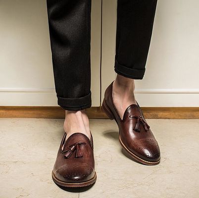 Sommer Braun Herren Leder Loafers Schuhe Schlupf auf Brogue Tassel Loafers