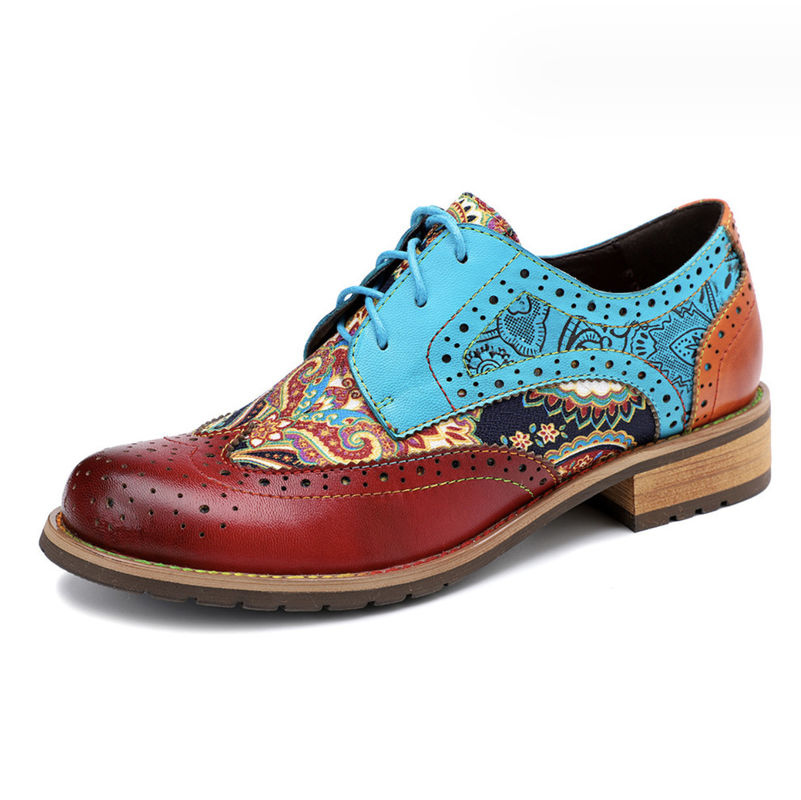Britische Art Frauen Brogue Oxford Schuhe Mehrfarbige Damen Leder Derby Schuhe
