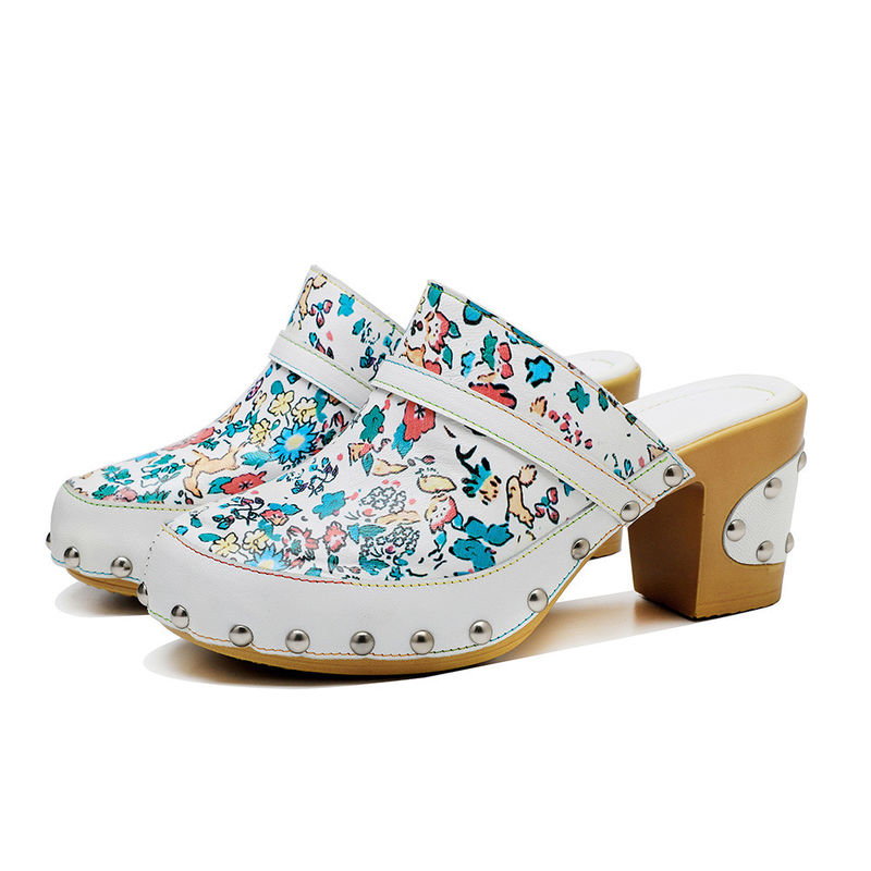 Farbenfrohe Bohemian Mules Plattform Block Heel Sandalen Leder Clogs Schuhe